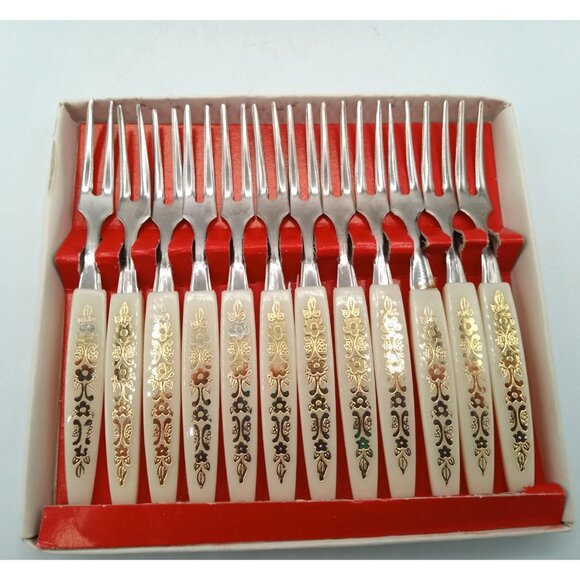 Little Fork Set 12 Piece Stainless Steel Ornate Gold Floral Handles Vintage 4 In - Picture 3 of 16